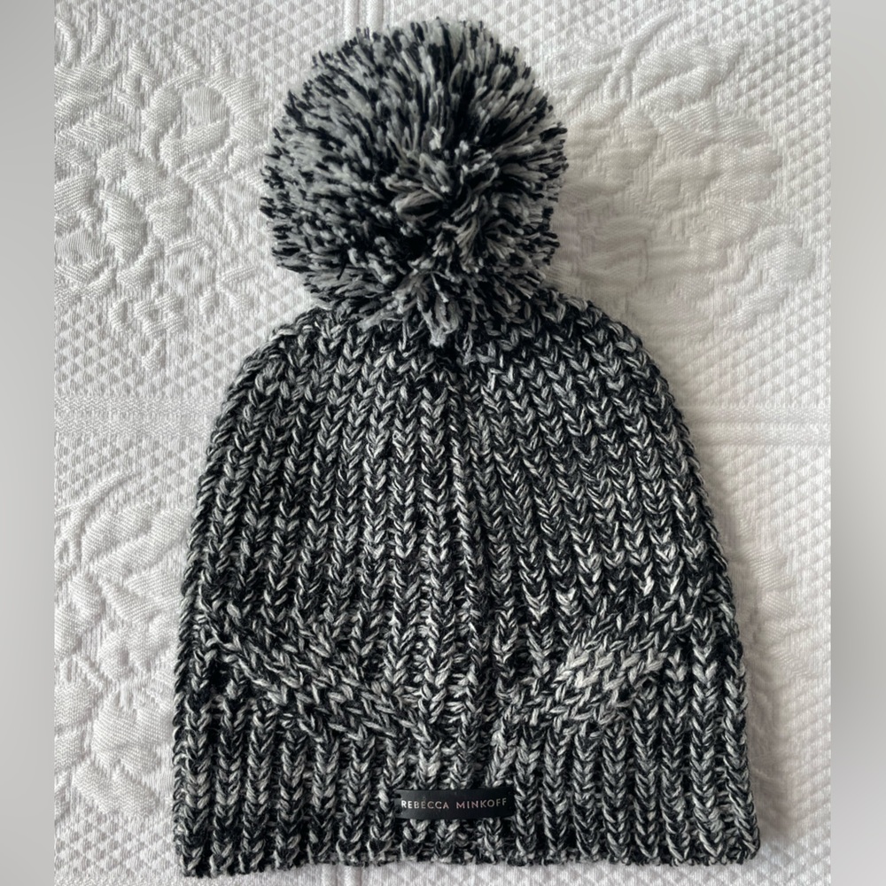 Rebecca Minkoff Marled Beanie & Hand/Arm Warmer Set Black/White Acrylic Knit - Picture 7 of 11